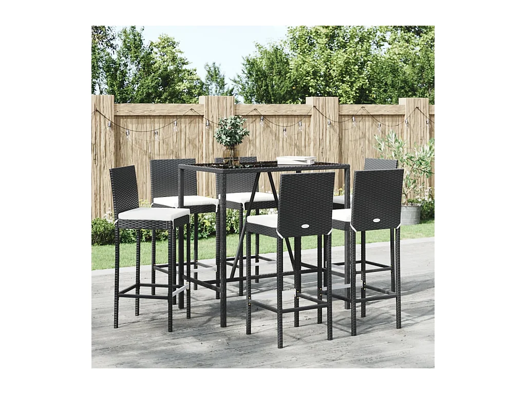 Ensemble de bar de jardin 7 pcs avec coussins noir poly rotin