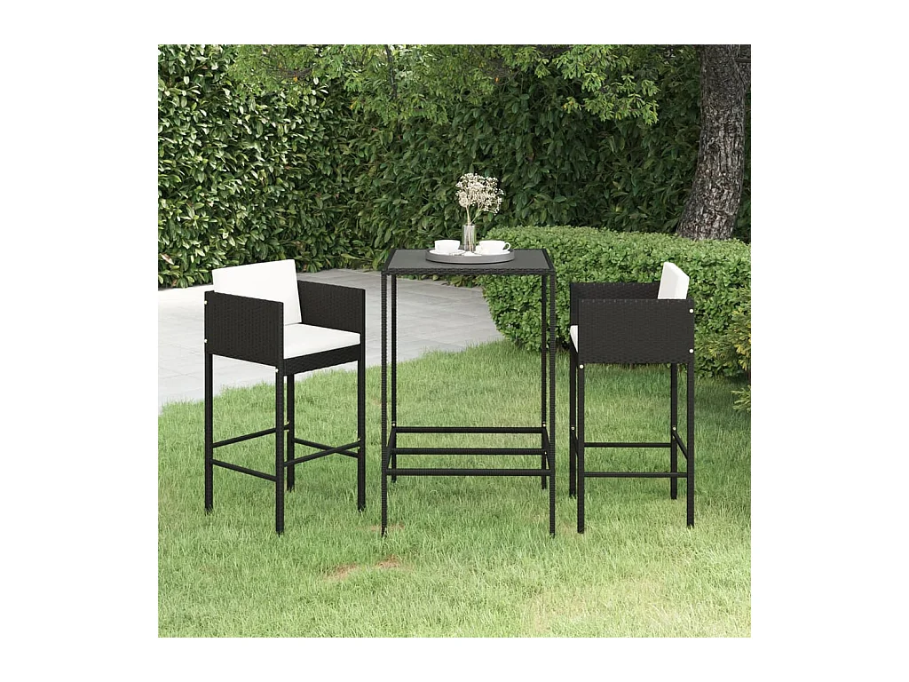 Ensemble de bar de jardin 3 pcs et coussins Résine tressée Noir