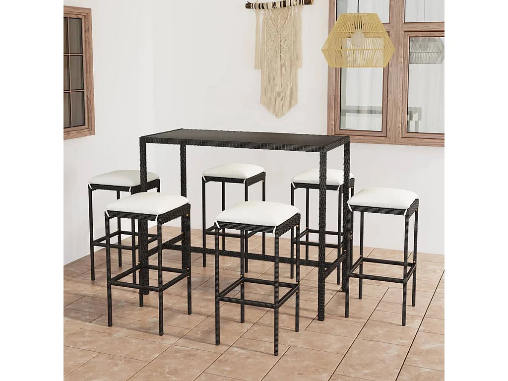 Set Bar da Giardino 7 pz con Cuscini in Polyrattan Nero