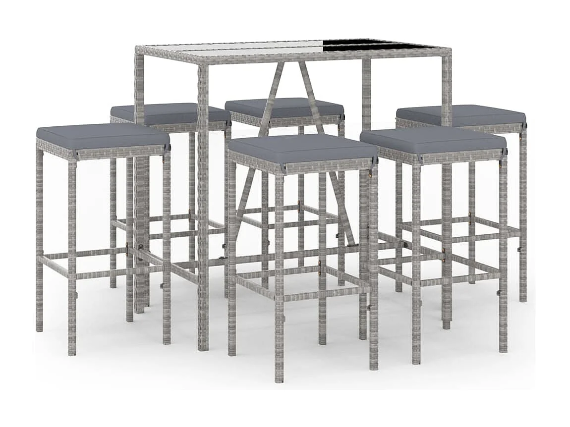 Set Bar da Giardino 7 pz con Cuscini in Polyrattan Grigio