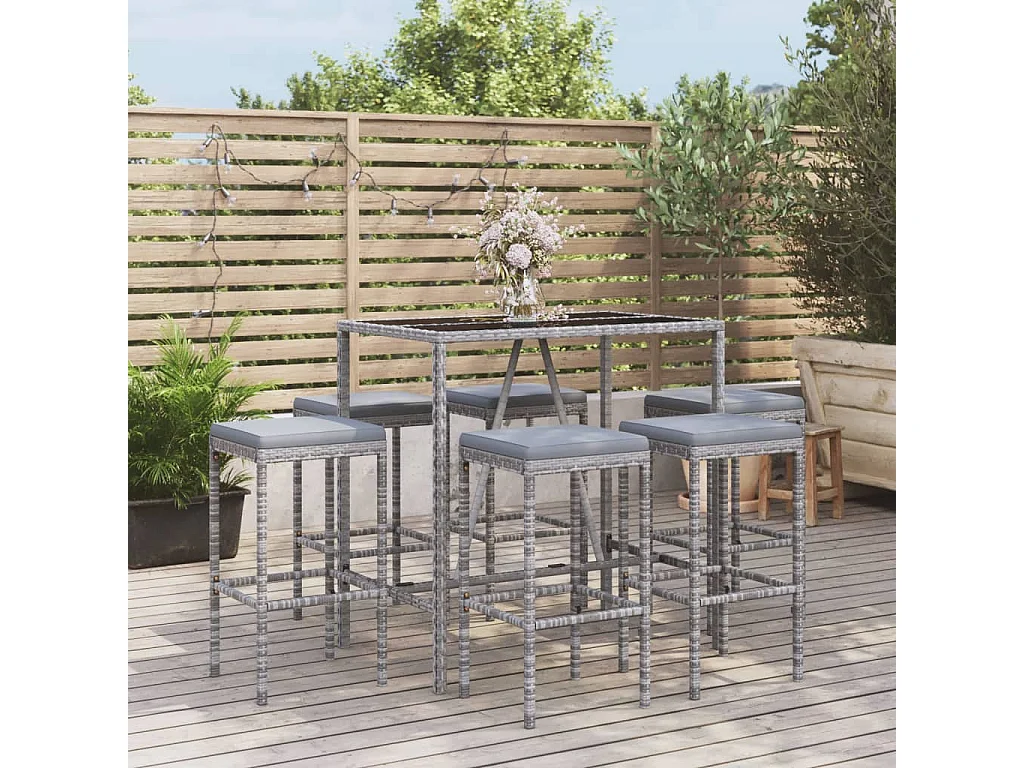 Set Bar da Giardino 7 pz con Cuscini in Polyrattan Grigio
