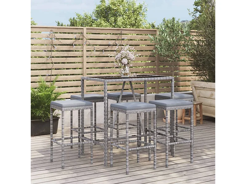 Ensemble de bar de jardin 7 pcs avec coussins gris poly rotin