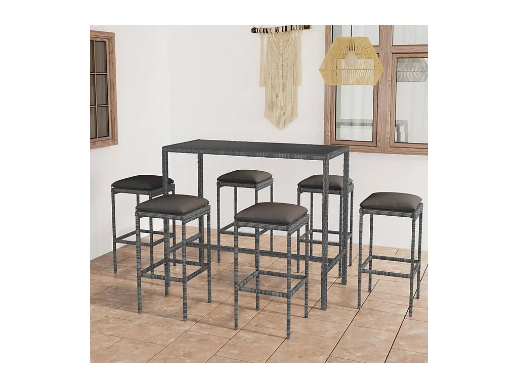 Set da Bar da Giardino 7 pz con Cuscini in Polyrattan Grigio