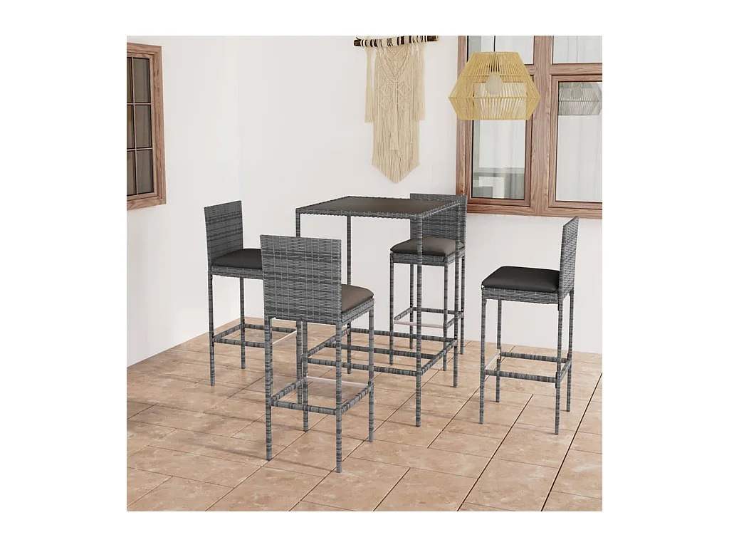 Ensemble de bar de jardin 5 pcs et coussins Résine tressée Gris