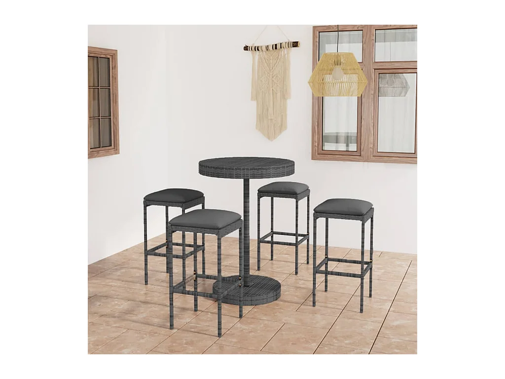 Ensemble de bar de jardin 5 pcs et coussins Résine tressée Gris