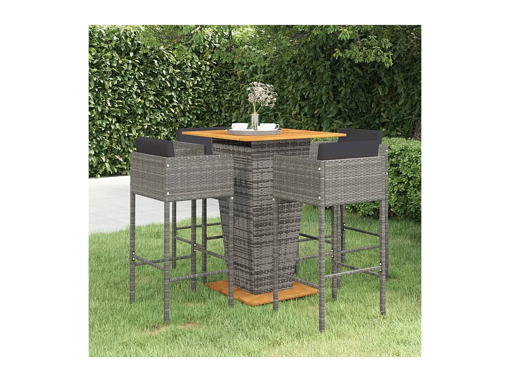 5-tlg. Gartenbar-Set mit Kissen Poly Rattan Grau