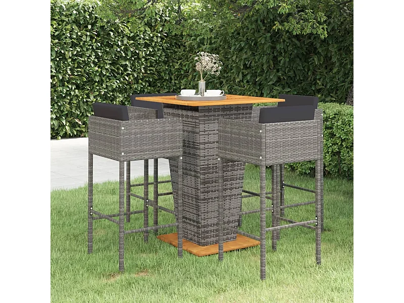Set da Bar da Giardino 5 pz con Cuscini in Polyrattan Grigio