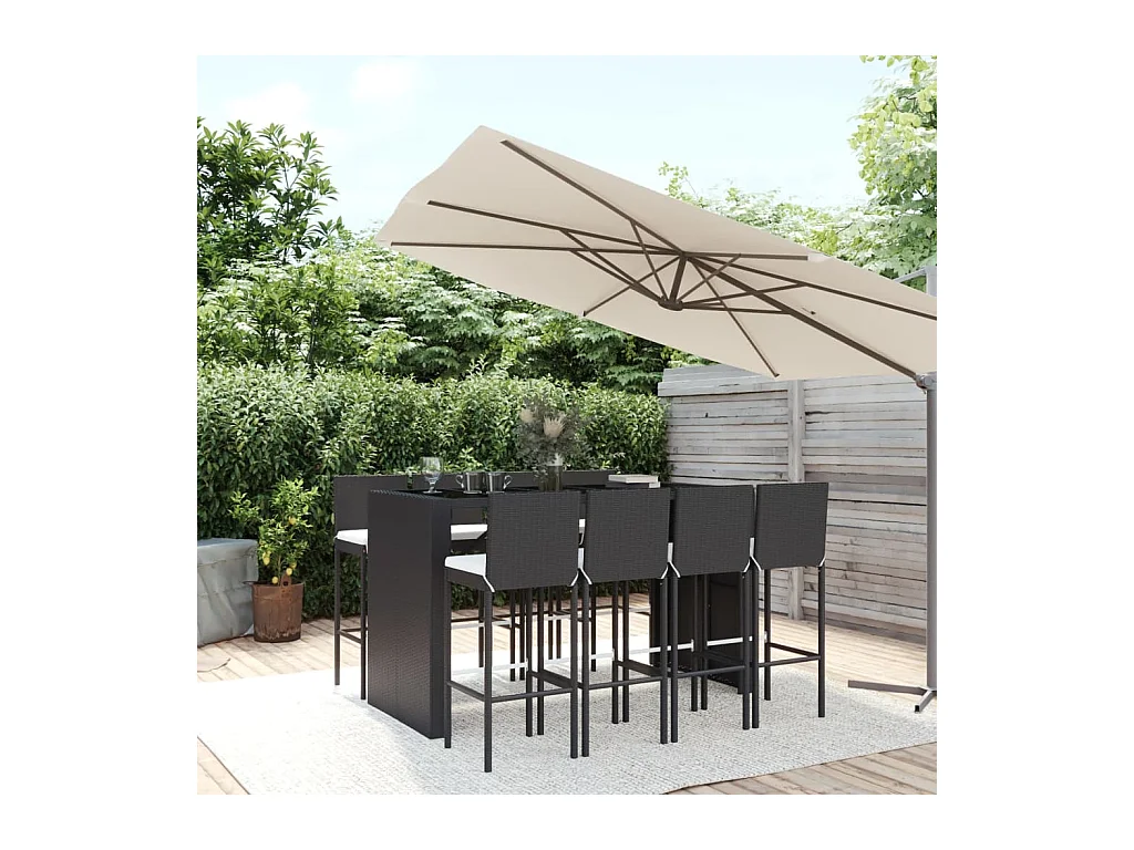 Ensemble de bar de jardin 9 pcs avec coussins noir poly rotin