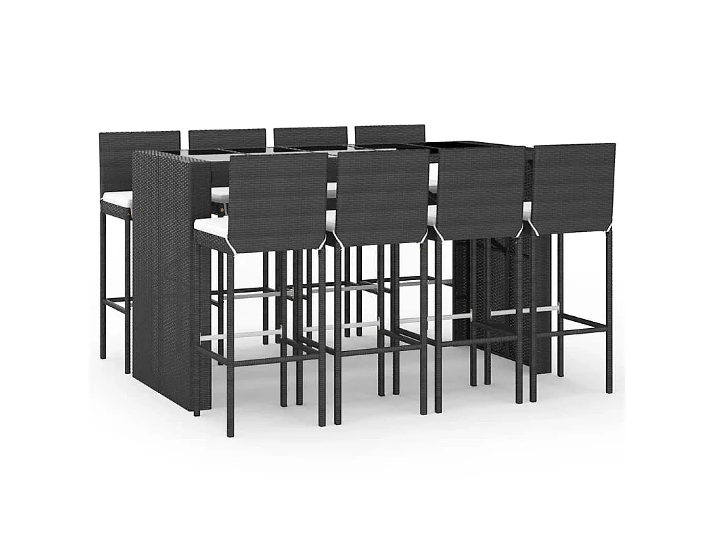 Mesa y taburetes altos jardín 9 piezas y cojines ratán PE negro