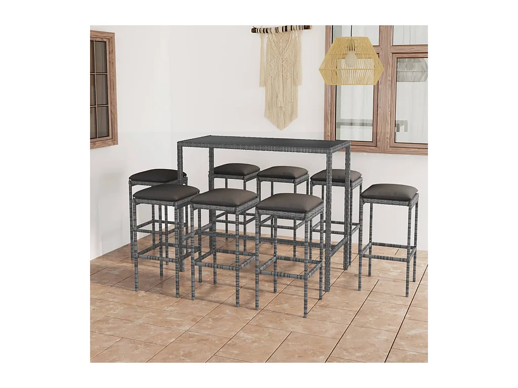 Ensemble de bar de jardin 9 pcs et coussins Résine tressée Gris