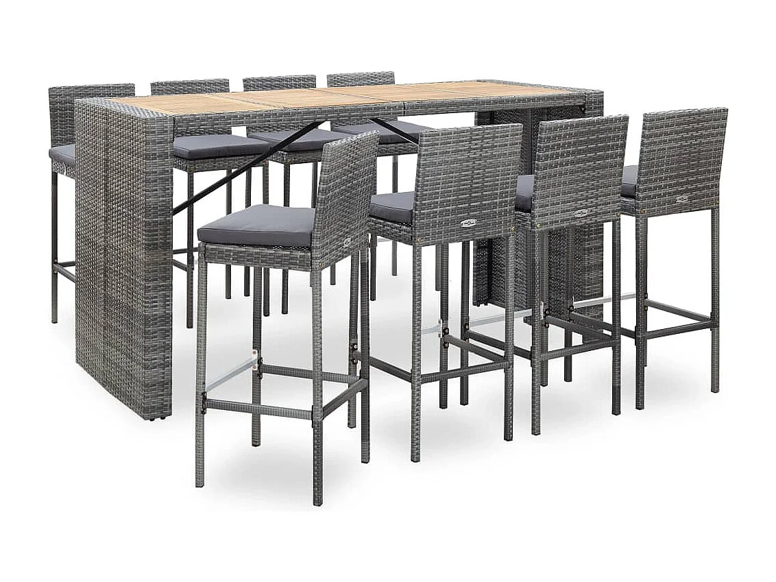 Set da Bar da Giardino 9 pz Polyrattan e Legno Acacia Grigio