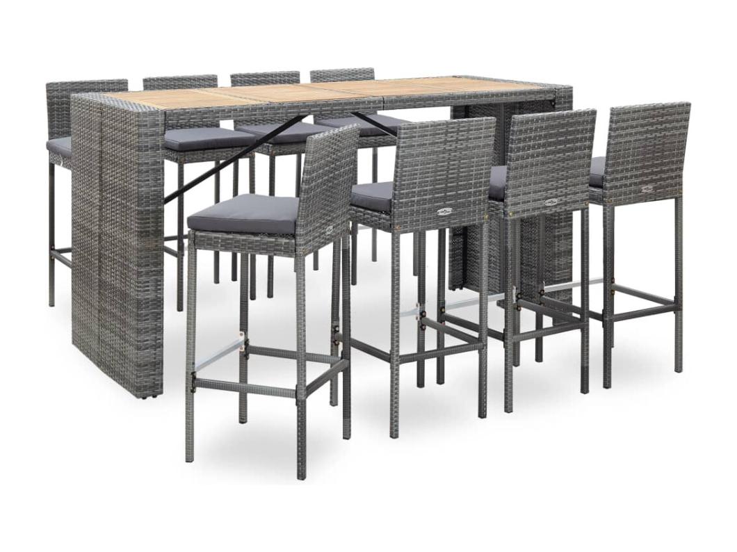 Ensemble de bar d'extérieur 9 pcs poly rotin bois d'acacia Gris