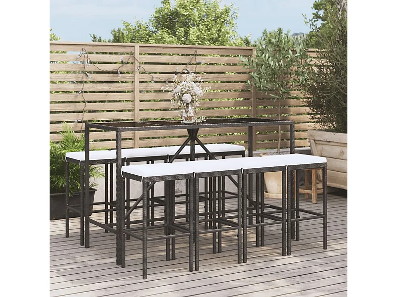 Set Bar da Giardino 9 pz con Cuscini in Polyrattan Nero