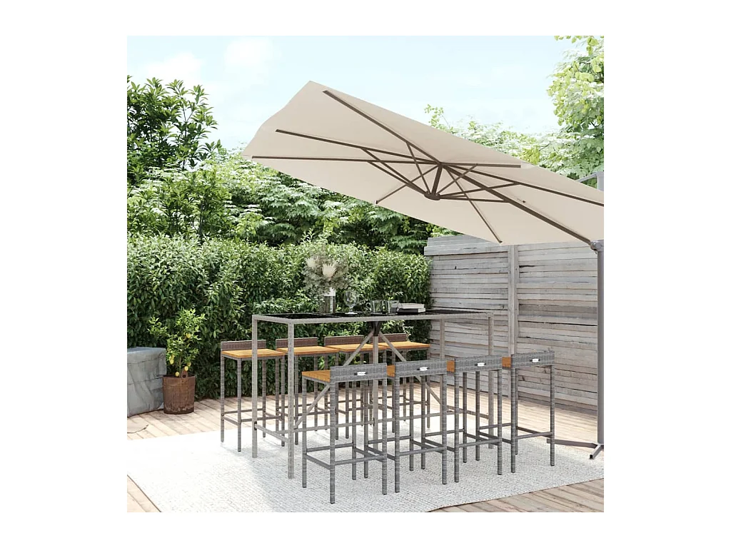 Ensemble de bar jardin 9 pcs gris poly rotin/bois massif acacia