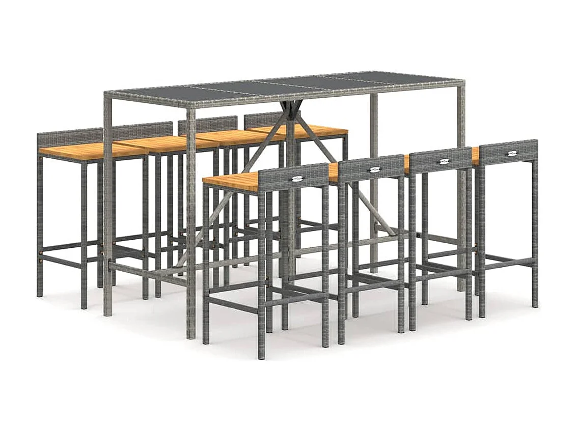 Ensemble de bar jardin 9 pcs gris poly rotin/bois massif acacia