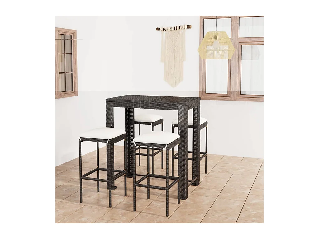 Ensemble de bar de jardin 5 pcs et coussins Résine tressée Noir