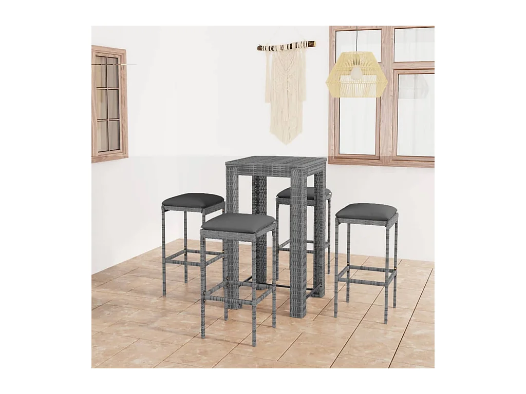 Set da Bar da Giardino 5 pz con Cuscini in Polyrattan Grigio