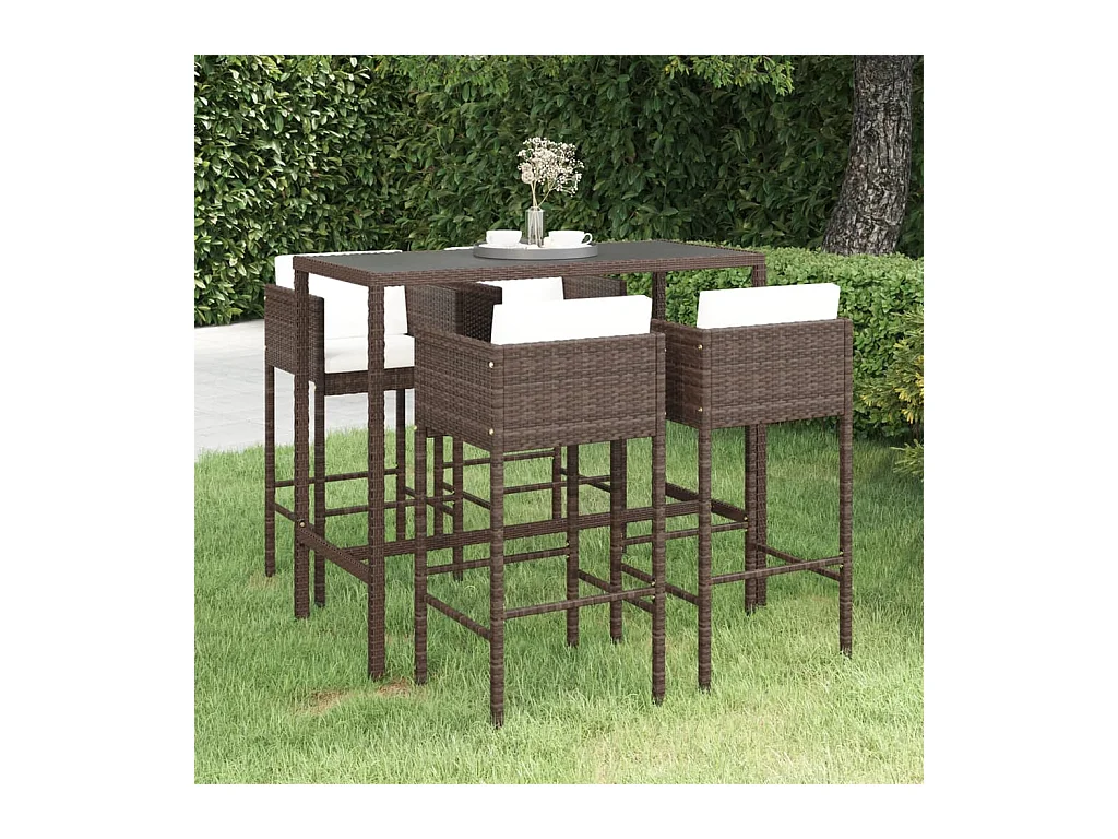 Meubles de bar de jardin 5pcs et coussins Résine tressée Marron