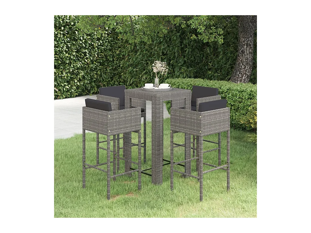 Ensemble de bar de jardin 5 pcs et coussins Résine tressée Gris