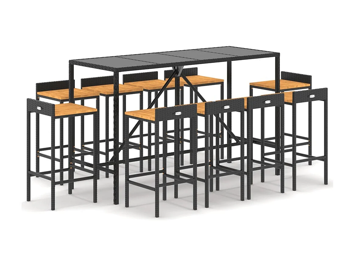 11-tlg. Gartenbar-Set Schwarz Poly Rattan & Massivholz Akazie