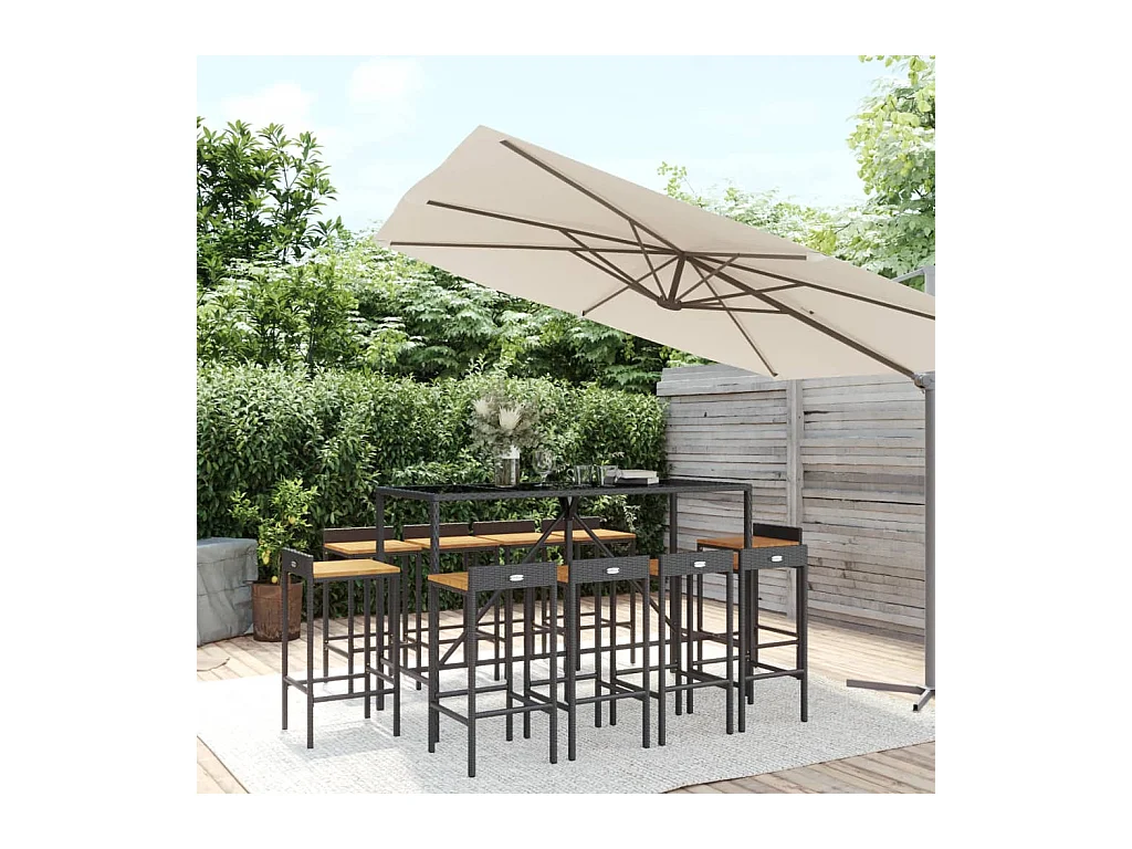 Ensemble de bar jardin 11pcs noir poly rotin/bois massif acacia