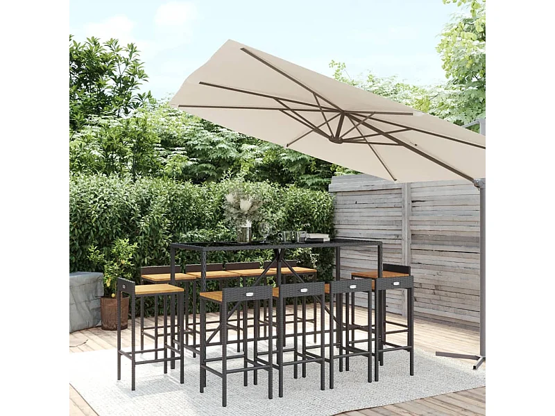 Ensemble de bar jardin 11pcs noir poly rotin/bois massif acacia