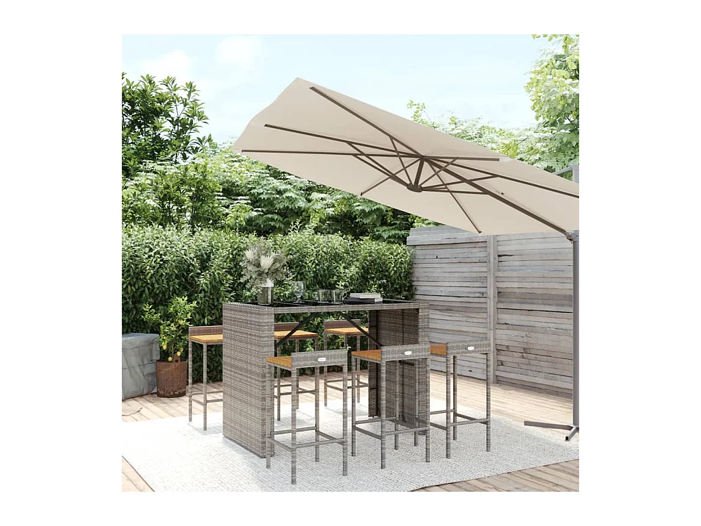 Set Bar Giardino 7pz Grigio Polyrattan e Legno Massello Acacia