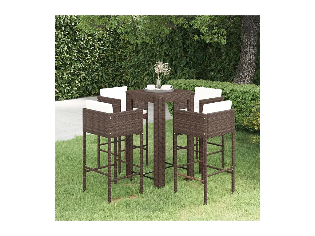 Ensemble bar de jardin 5 pcs et coussins Résine tressée Marron