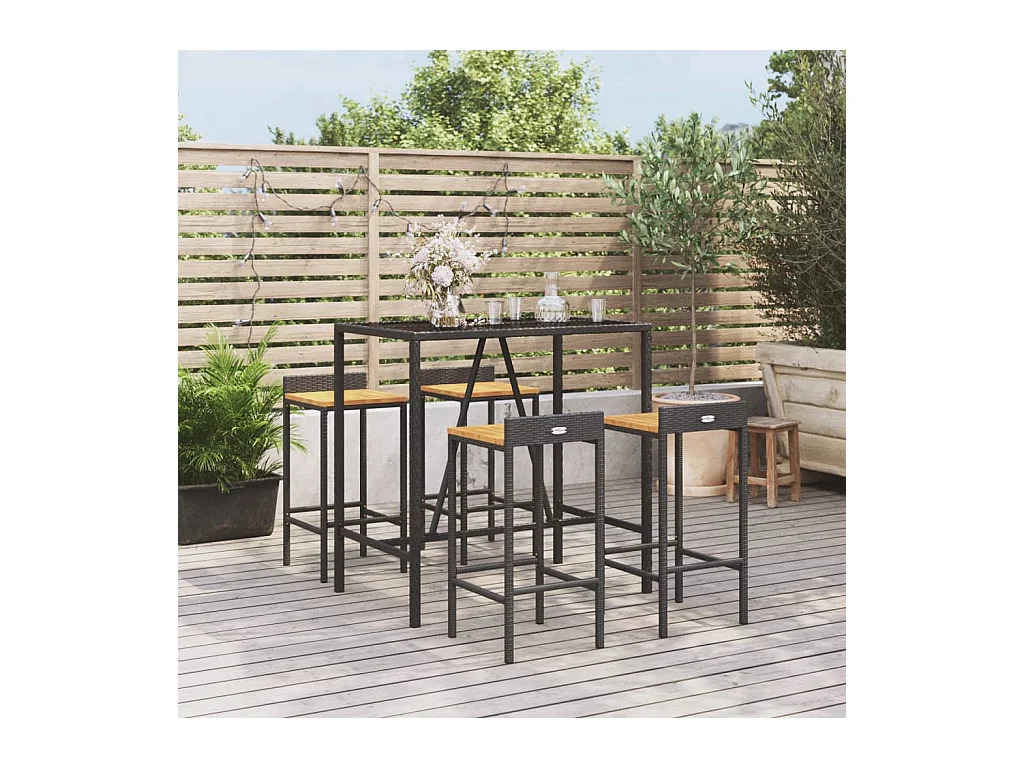 Ensemble de bar jardin 5 pcs noir poly rotin/bois massif acacia