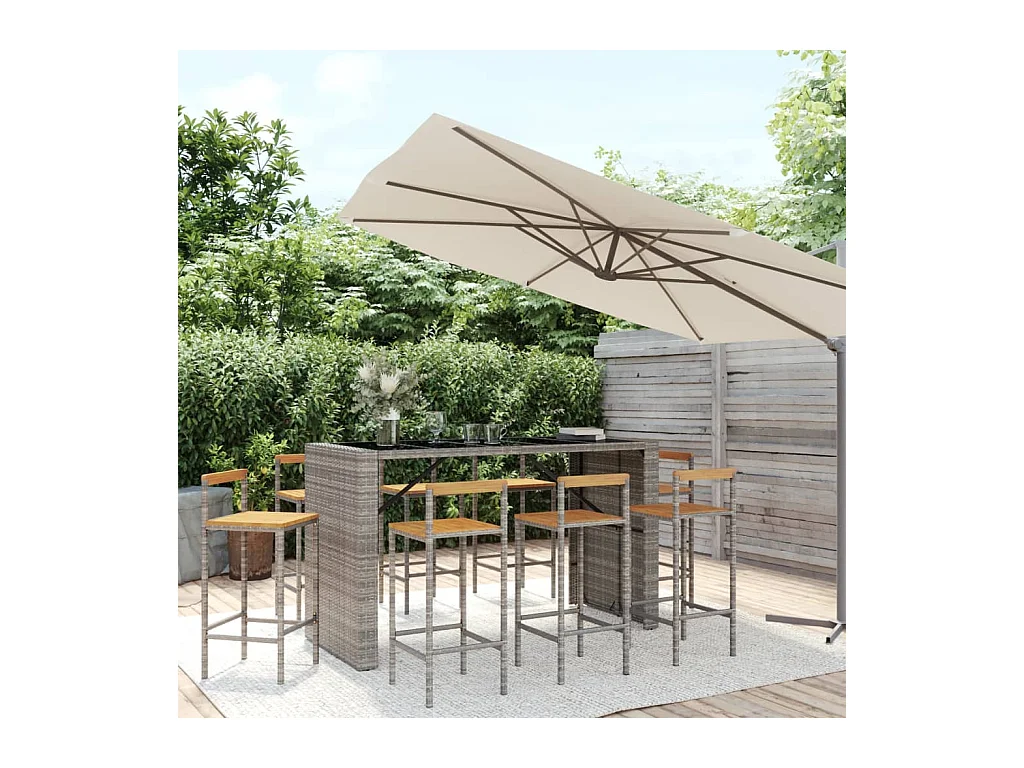 Set Bar Giardino 9pz Grigio Polyrattan e Legno Massello Acacia