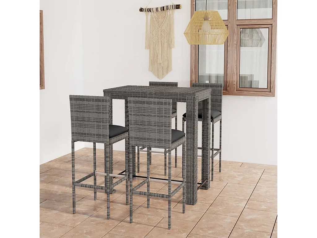 5 pcs conjunto de bar p/ exterior + almofadões vime PE cinzento