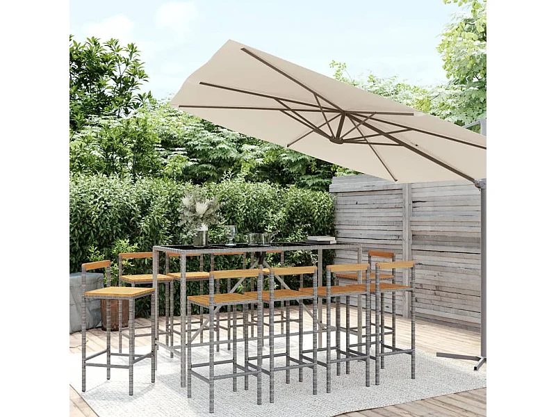11-tlg. Gartenbar-Set Grau Poly Rattan & Massivholz Akazie