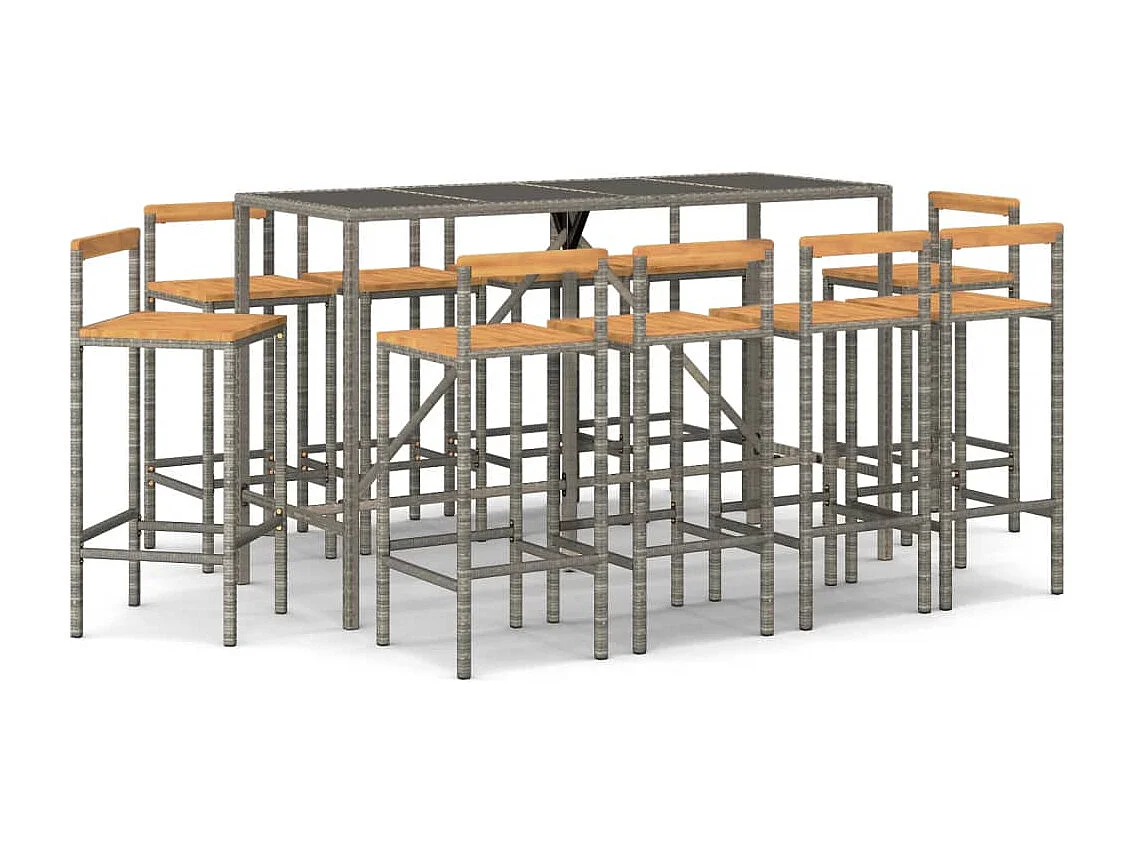 11-tlg. Gartenbar-Set Grau Poly Rattan & Massivholz Akazie