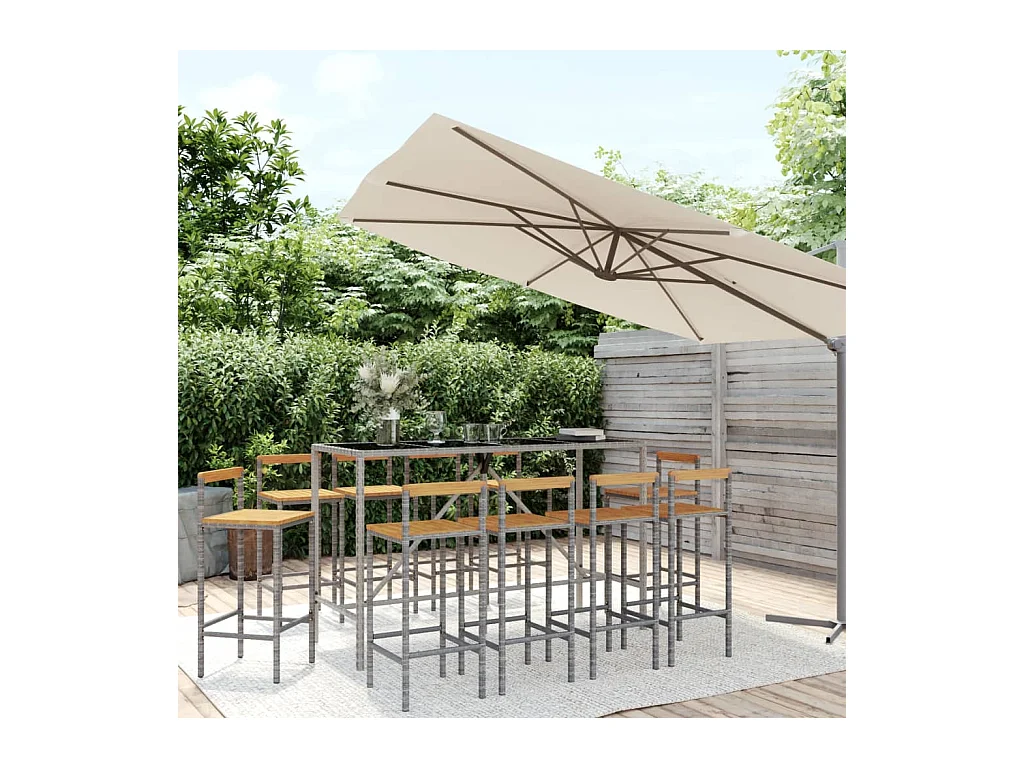 Ensemble de bar jardin 11pcs gris poly rotin/bois massif acacia