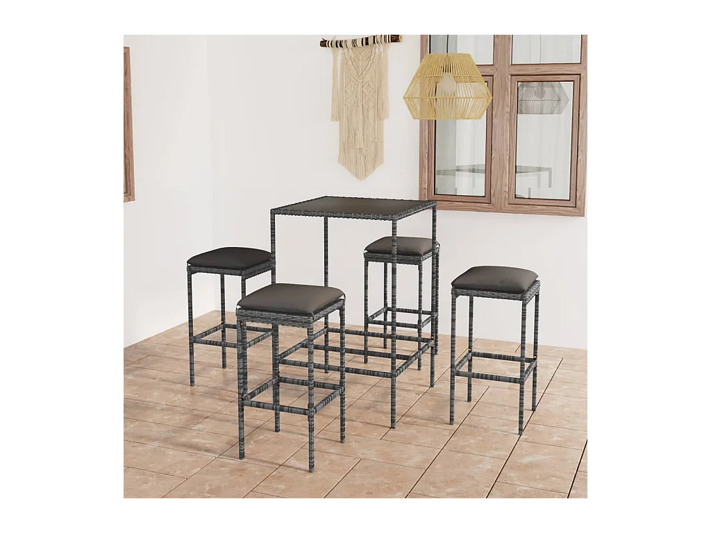 Ensemble de bar de jardin 5 pcs et coussins Résine tressée Gris