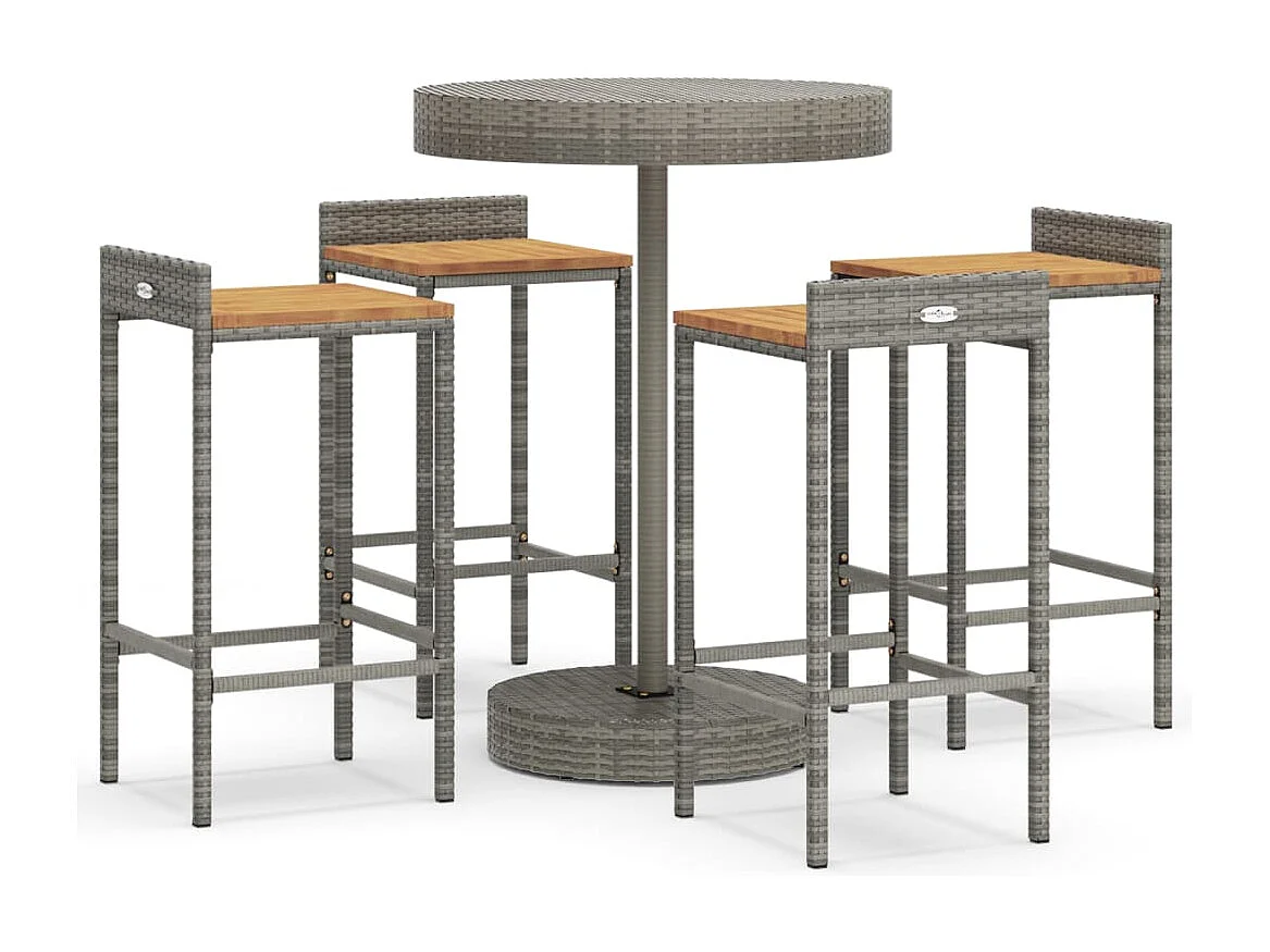 5-tlg. Gartenbar-Set Grau Poly Rattan & Massivholz Akazie
