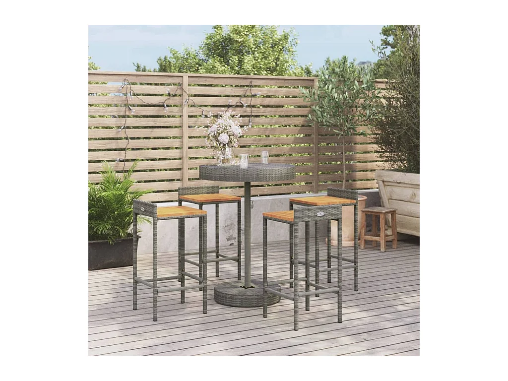 Set Bar Giardino 5pz Grigio Polyrattan e Legno Massello Acacia