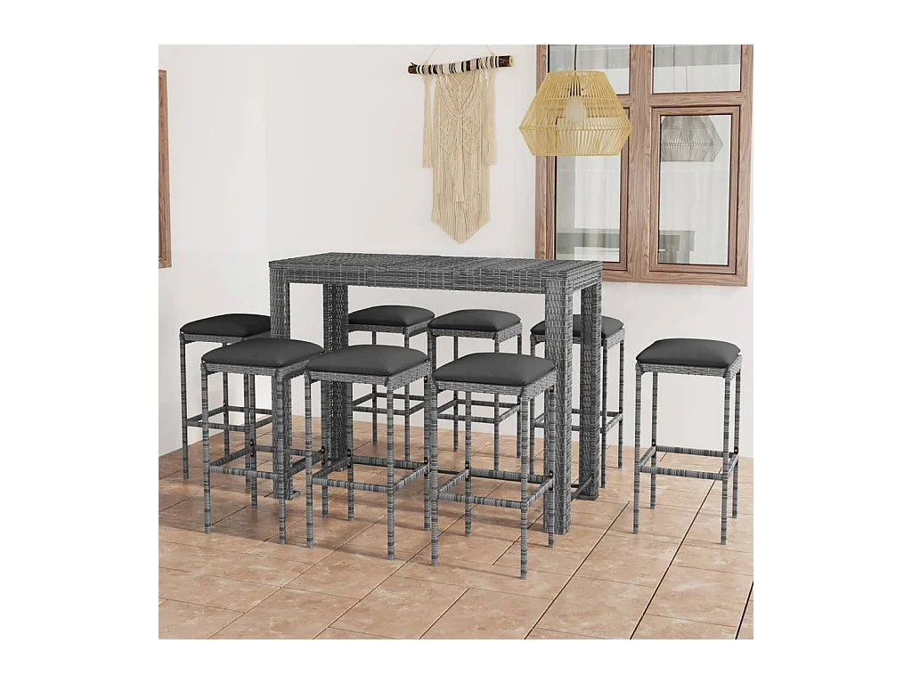 Ensemble de bar de jardin 9 pcs et coussins Résine tressée Gris