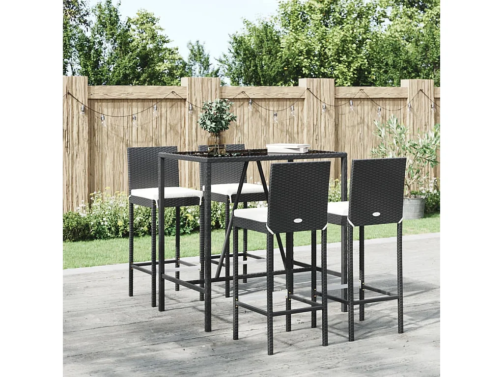 5 pcs conjunto de bar p/ jardim c/ almofadões vime PE preto