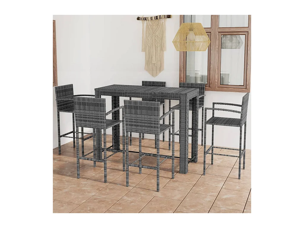 Ensemble de bar d'extérieur 7 pcs accoudoir Résine tressée Gris