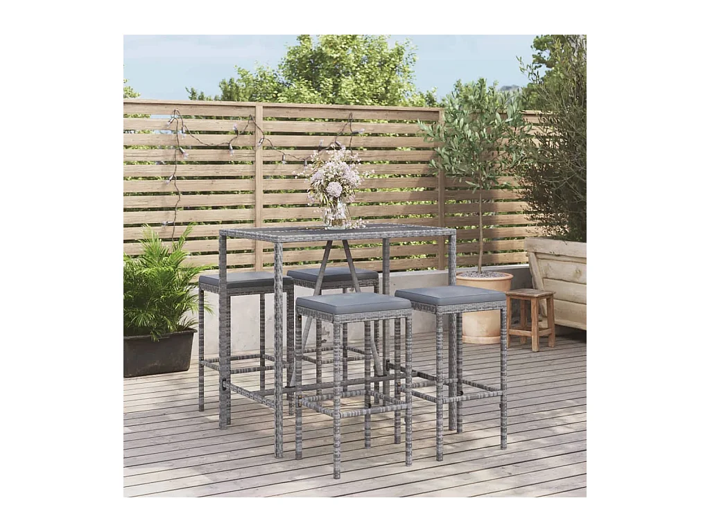 Ensemble de bar de jardin 5 pcs avec coussins gris poly rotin