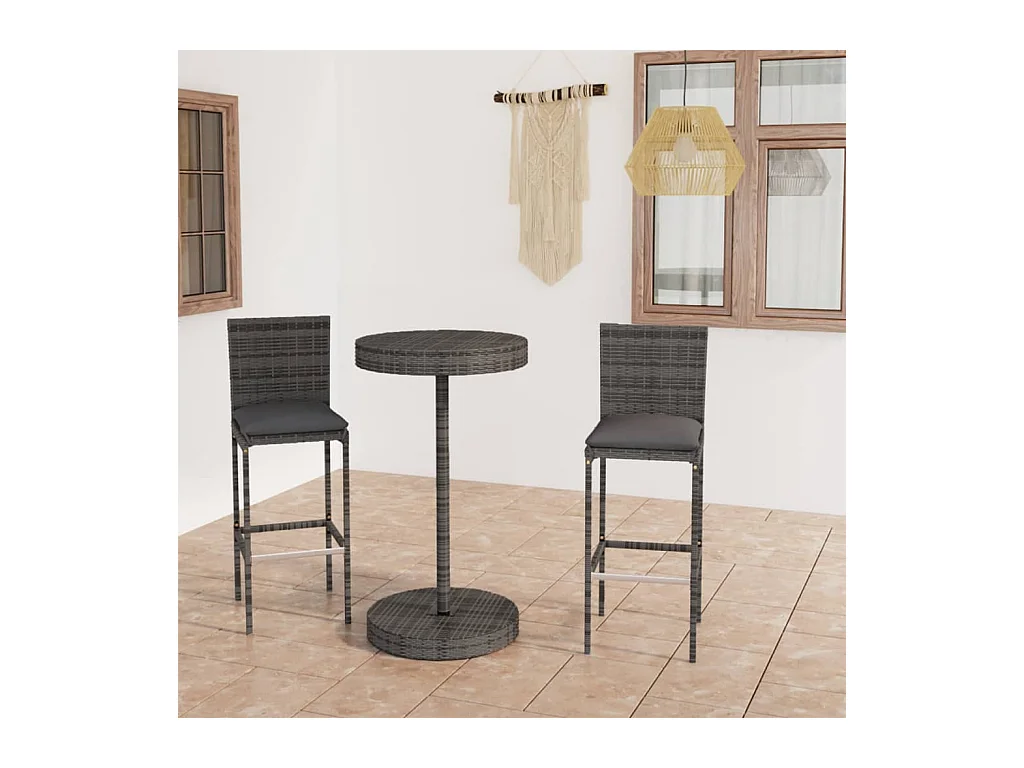 Ensemble de bar de jardin 3 pcs et coussins Résine tressée Gris