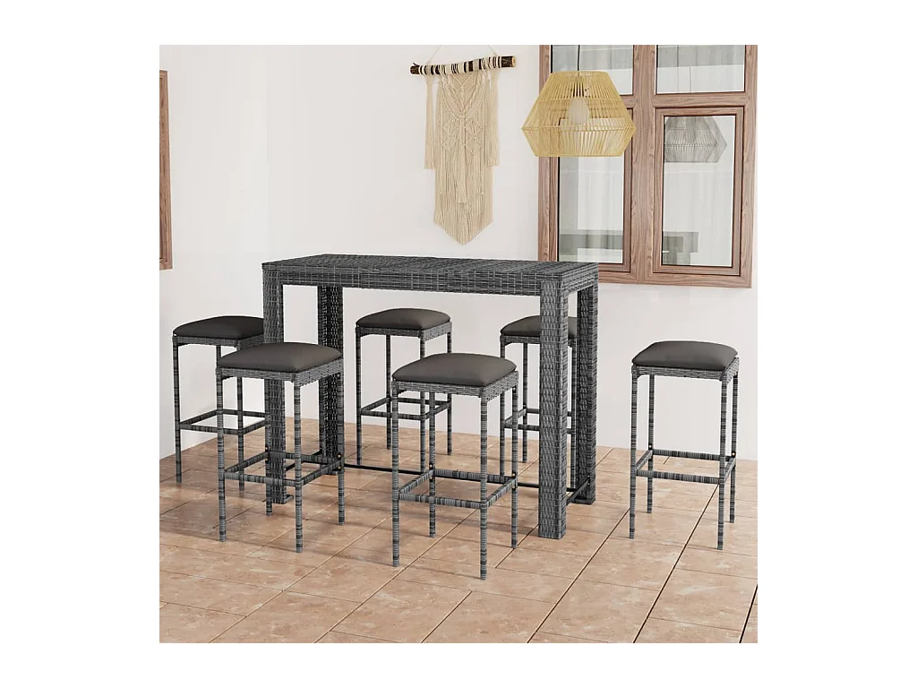 Set da Bar da Giardino 7 pz con Cuscini in Polyrattan Grigio