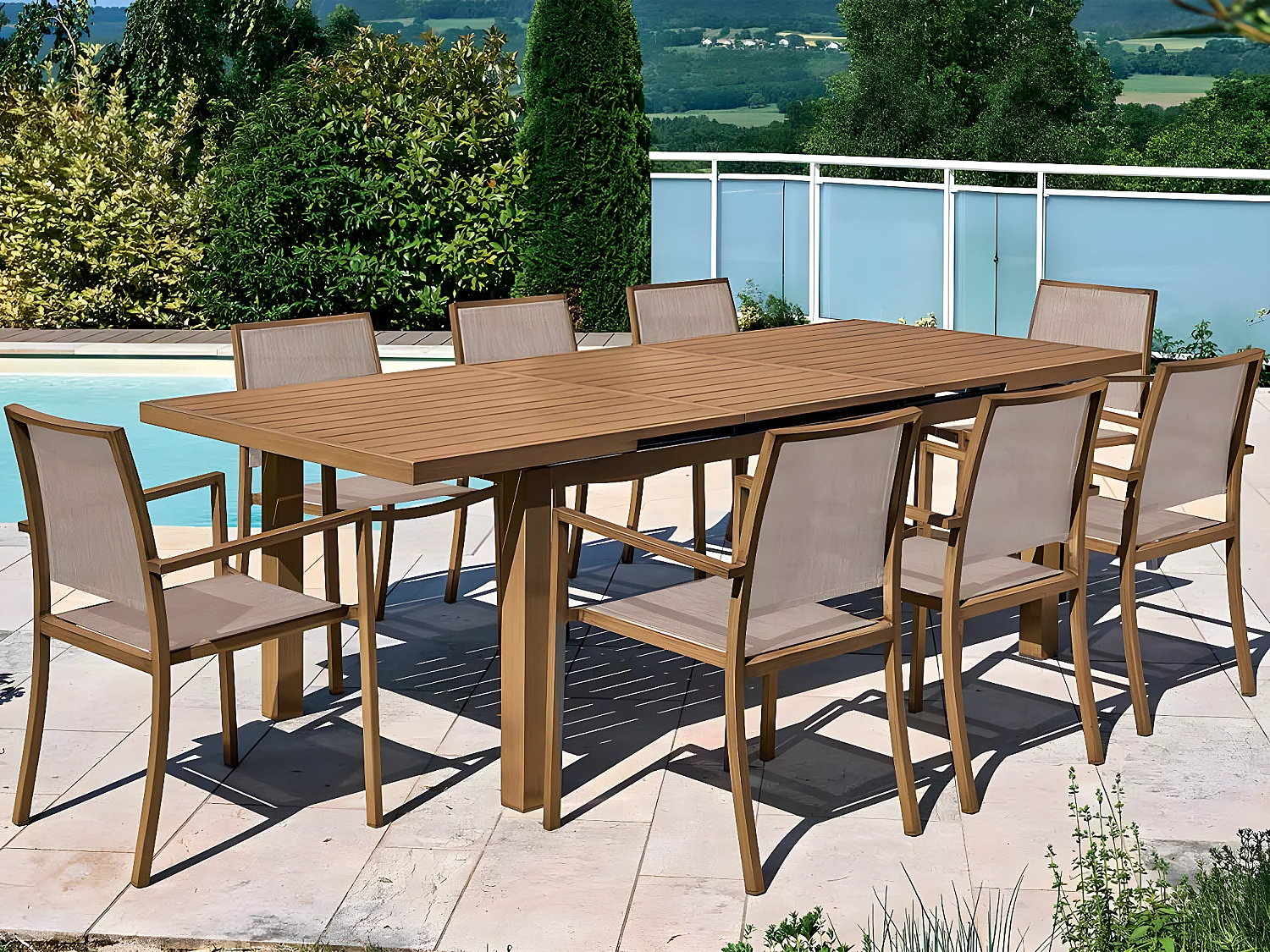 Table rectangulaire extensible en aluminium aspect Teck SANTORIN - 10 places - Jardiline