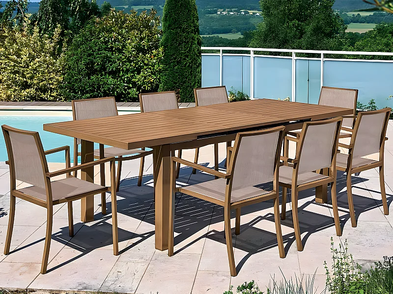 Table rectangulaire extensible en aluminium aspect Teck SANTORIN - 10 places - Jardiline