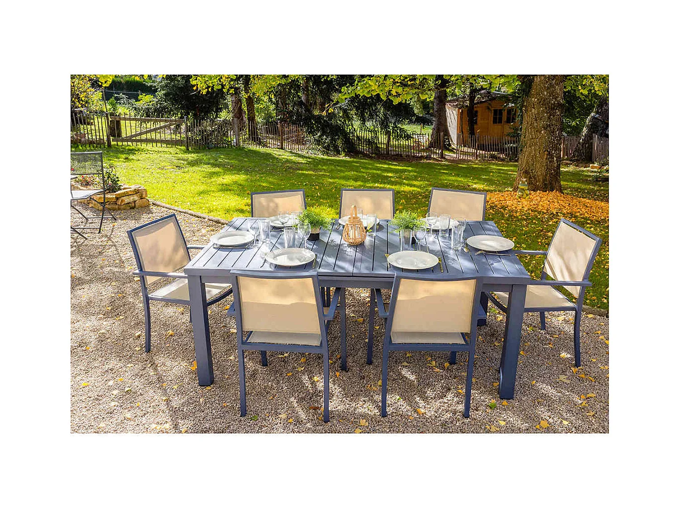 Table rectangulaire extensible Santorin 8/10 personnes en aluminium finition uni gris-bleuté - Jardiline
