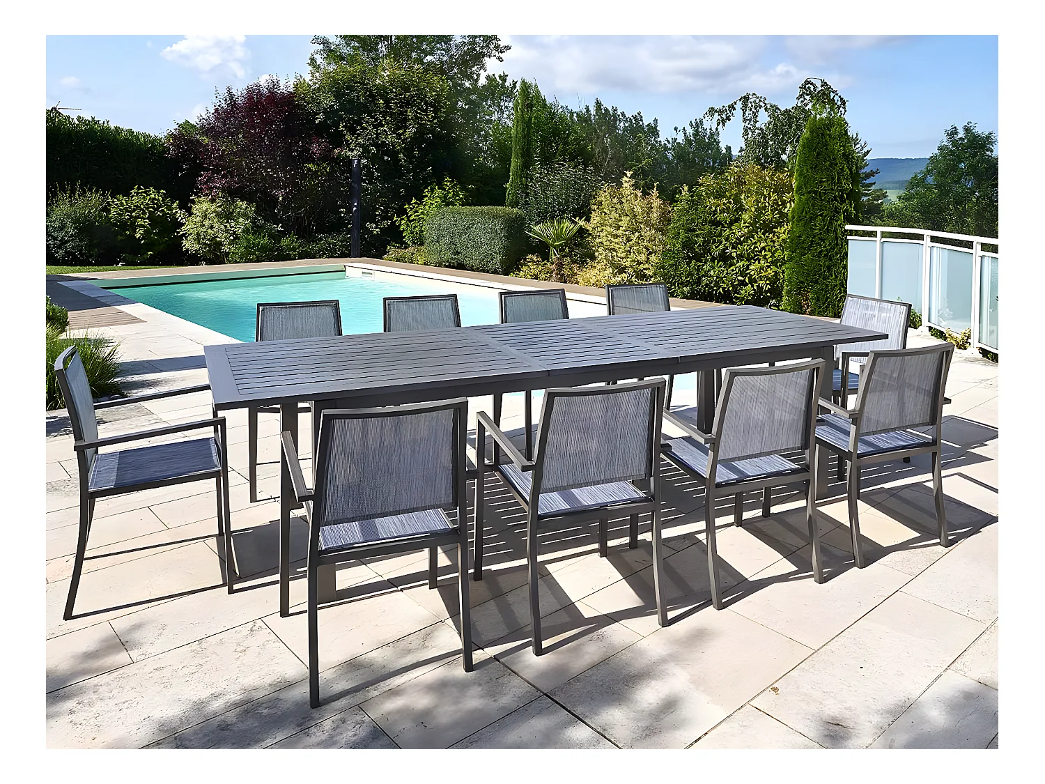 Table rectangulaire extensible en aluminium aspect teck gris SANTORIN - 10 places - Jardiline