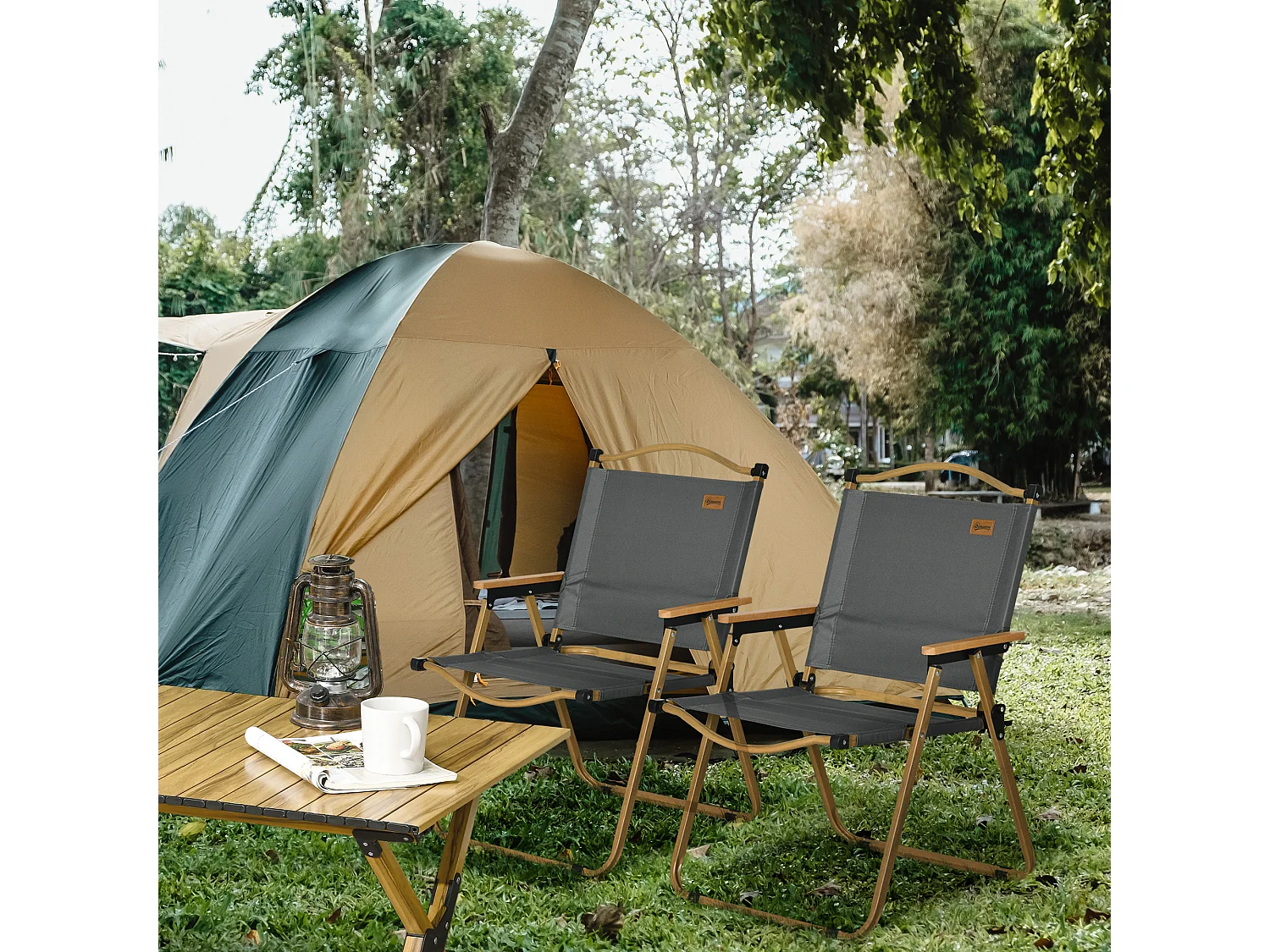 Lot de 2 chaises de plage camping pliantes - poignée - structure acier aspect bois oxford gris