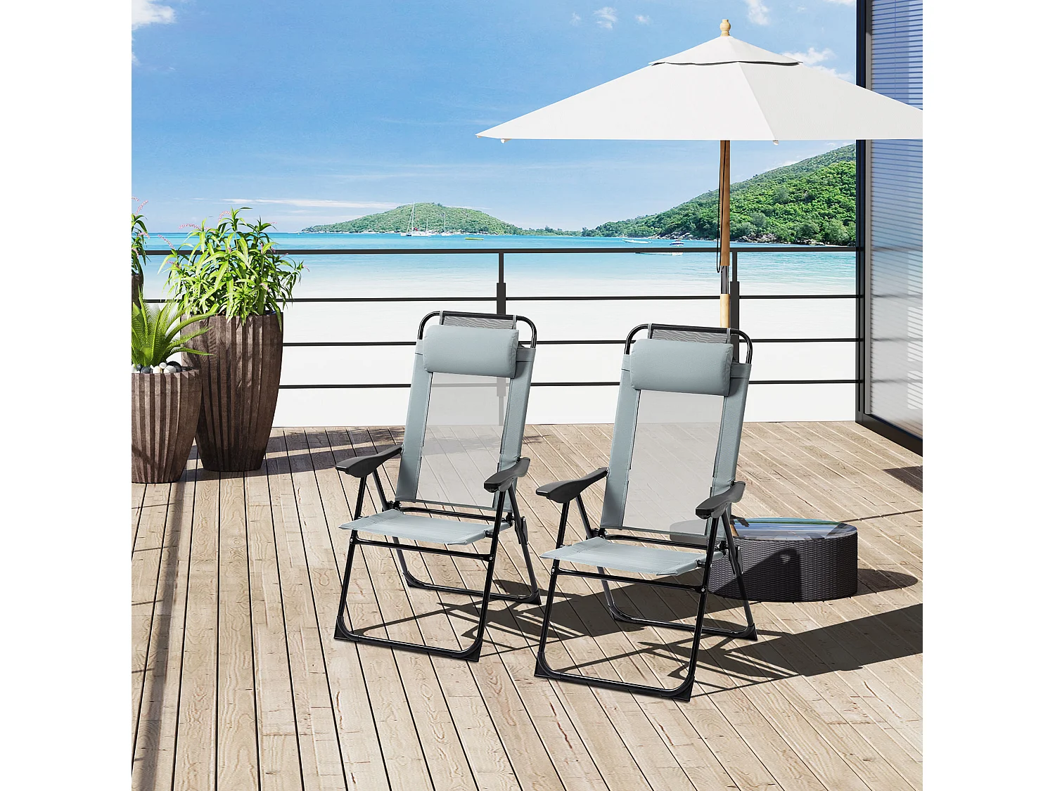 Lot de 2 chaises de jardin camping pliables - dossier inclinable 5 positions - tétière incluse - acier époxy oxford textilène gris