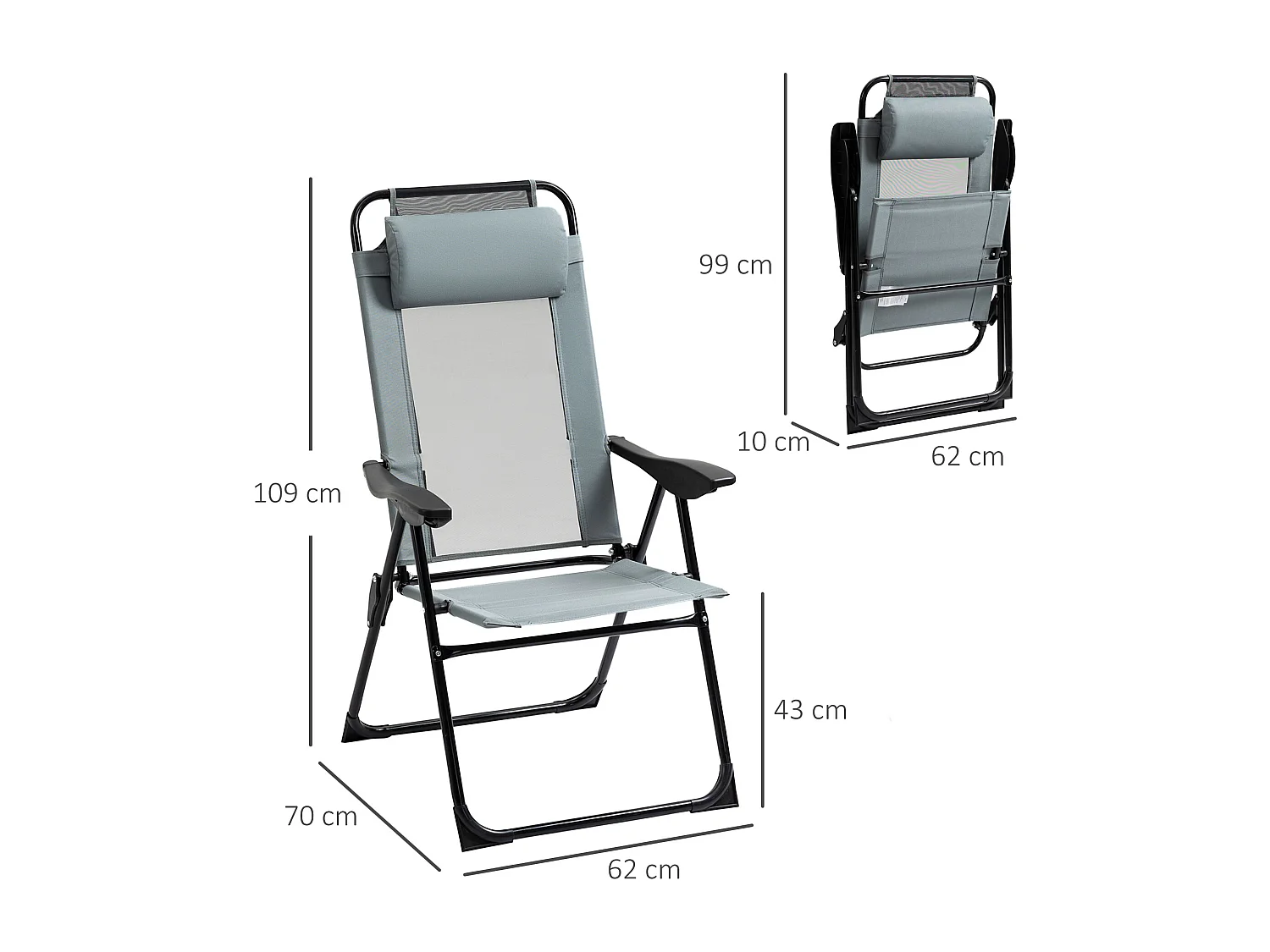 Lot de 2 chaises de jardin camping pliables - dossier inclinable 5 positions - tétière incluse - acier époxy oxford textilène gris